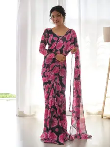 Mitera Black & Pink Floral Printed Ready To Wear Saree