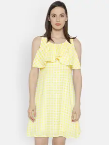 Honey by Pantaloons Women Yellow & White Checked Fit and Flare Dress