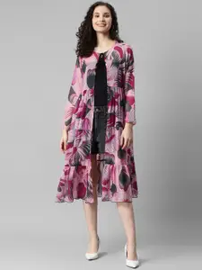 DEEBACO Floral Printed Tiered Longline Tie-Up Shrug