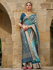Anouk Blue & Gold-Toned Ethnic Motifs Woven Design Zari Silk Blend Banarasi Saree