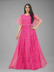 APNISHA Abstract Printed Flared Sleeves Net Maxi Dress