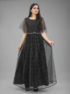 APNISHA Abstract Printed Flared Sleeves Net Maxi Dress