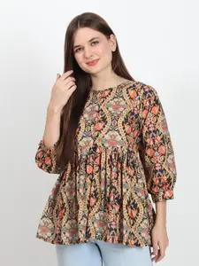 ISAM Ethnic Motifs Printed Puffed Sleeves Gathered or Pleated Pure Cotton Peplum Top