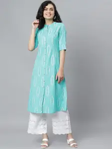 Stylum Turquoise Blue Ethnic Motifs Printed Mandarin Collar A-Line Kurta