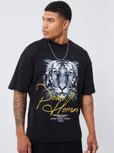 boohooMAN Pour Homme Tiger Printed Drop-Shoulder Sleeves Pure Cotton Oversized T-shirt