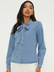 DOROTHY PERKINS Tie-Up Neck Cotton Chambray Shirt Style Top