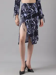 I Love She Abstract Printed Ruched High-Waist Knee-Length Pencil Skirt