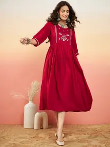 Sangria Floral Embroidered Fit & Flared Dress
