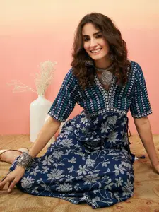 Sangria Floral-Printed Empire Ethnic Dress