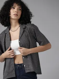 Roadster Geometric Print Cuban Collar Boxy Opaque Casual Shirt