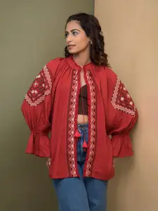 Rhe-Ana Geometric Embroidered Tie-Up Shrug
