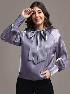 iki chic Tie-Up Neck Cuffed Sleeve Sheen Satin Top