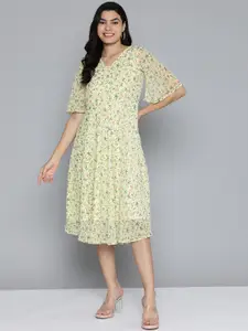 Jompers Floral Print Flared Sleeve Georgette A-Line Midi Dress