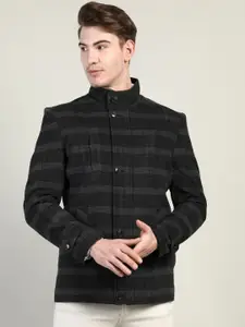 CHKOKKO Striped Stand Collar Pea Coat