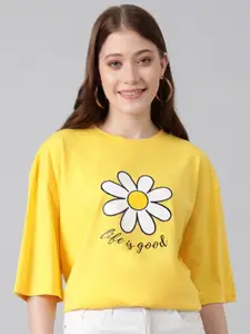 Kotty Floral Printed Drop-Shoulder Sleeves Cotton Oversized T-shirt