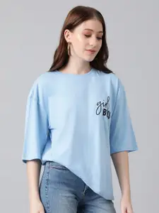 Kotty Typography Printed Drop-Shoulder Sleeves Oversized T-shirt