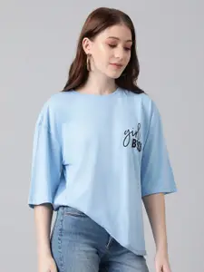 Kotty Typography Printed Drop-Shoulder Sleeves Oversized T-shirt
