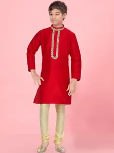 Aarika Boys Floral Yoke Design Thread Work Pure Silk Kurta With Churidar
