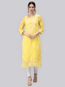 Seva Chikan Ethnic Motifs Embroidered Chikankari Straight Kurta With Slip