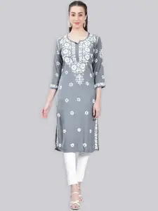 Seva Chikan Floral Embroidered Chikankari Shadow Work Regular Kurta