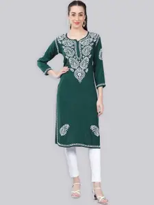 Seva Chikan Paisley Embroidered Round Neck Straight Chikankari Kurta