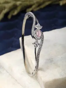 ZENEME Women Silver-Toned & Pink Brass American Diamond Rhodium-Plated Kada Bracelet