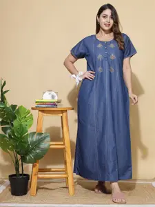 9shines Label Plus Size Floral Embroidered Pure Cotton Maxi Nightdress