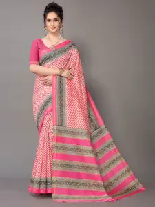 KALINI Cream-Coloured & Pink Leheriya Art Silk Saree