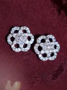 Zarkan Sterling Silver Rhodium-Plated American Diamond Studded Floral Studs Earrings