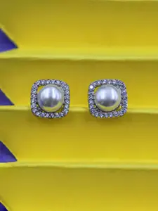 Zarkan Sterling Silver Rhodium-Plated American Diamond Square Studs Earrings