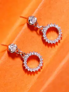Zarkan Rhodium-Plated American Diamond-Studded Contemporary Drop Earrings