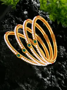 Anouk Set Of 4 Gold-Plated Stone-Studded & Beaded Bangles