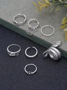 DressBerry Set Of 7 Silver-Plated Oxidised Tribal Afghani Finger Rings