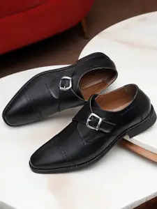 LOUIS STITCH Men Jet Black Premium Italian Leather Formal Monk Shoes