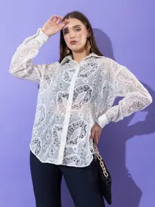 Stylecast X Hersheinbox Cotton Lace Inserted Self Designed Semi Sheer Casual Shirt