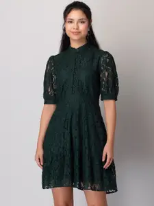 FabAlley Self Design Mandarin Collar Lace Fit & Flare Dress