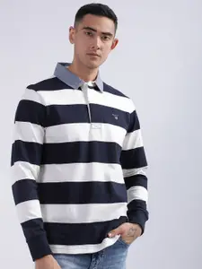 GANT White Striped Polo Collar Long Sleeves Pure Cotton T-shirt