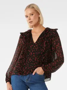 Forever New Floral Printed V-Neck Ruffled Pleated Regular Top