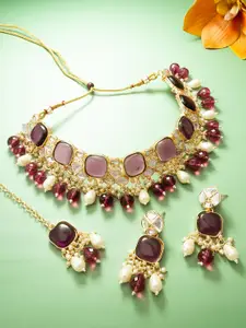 aadita Stone-Studded & Beaded Necklace With Earrings And Maang Tika