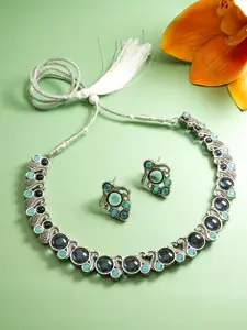 aadita Silver Stone-Studded Necklace With Earrings