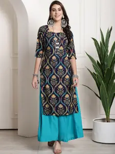 7Threads Floral Printed Round Neck Straight Crepe Kurta