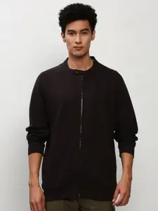 SHOWOFF Band Collar Self Design Cotton Front Open Sweatshirt