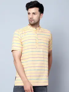 Latest Chikan Garments Striped Mandarin Collar Short Sleeve Straight Kurta