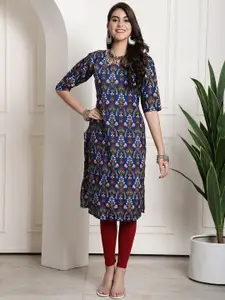 7Threads Floral Print Round Neck Three-Quarter Sleeve Straight Kurta
