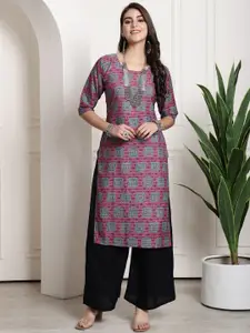 7Threads Geometric Print Round Neck Three-Quarter Sleeve Straight Kurta