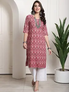 7Threads Ethnic Motifs Round Neck Three-Quarter Sleeve Straight Kurta