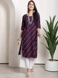 7Threads Geometric Printed Round Neck Three-Quarter Sleeve Straight Kurta