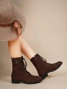 SHUZ TOUCH Women Embellished Block-Heeled Suede Regular Boots