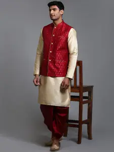 VASTRAMAY Mandarin Collar Jacquard Kurta with Dhoti Pants And Woven Design Nehru Jacket