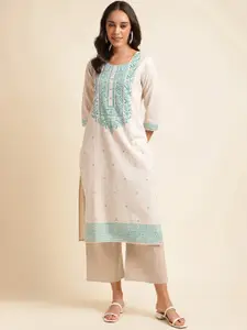 MESMORA FASHION Floral Printed Mirror Work Cotton Straight Kurta